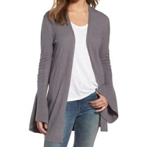 Hinge Gray Runched Bell Sleeve Cardigan NWT - Picture 1 of 8